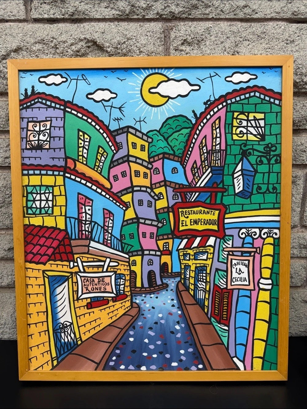Original Cuban Folk Art Painting Colourful Village Street Scene Framed 23.5β